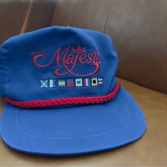 Vtg Classic Sportswear Majestic Flag Blue Roped Trucker Hat Cap Leather Strap - Picture 3 of 8